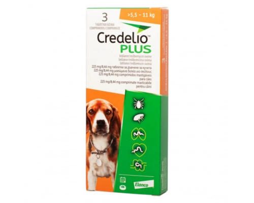 Credelio Plus 225 mg caini (5.5 - 11 kg) - 3 tablete Comprimat masticabil pentru utilizare la câini cu sau expuși riscului de infestări