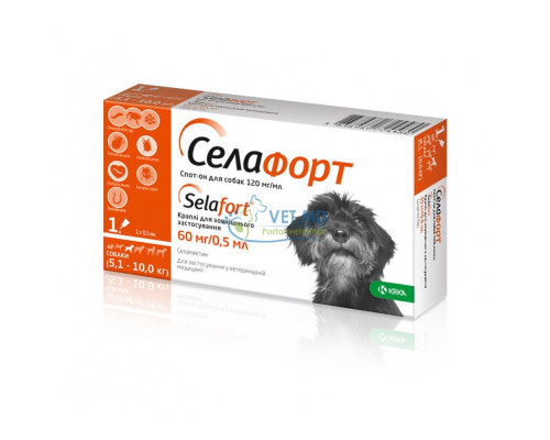 Селафорт (селамектин) 60 мг Spot-On для собак 5,1 - 10 кг, 1 пипеткa