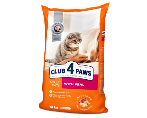 CLUB 4 PAWS Premium «With veal». сomplete dry pet food for adult cats 14 кг