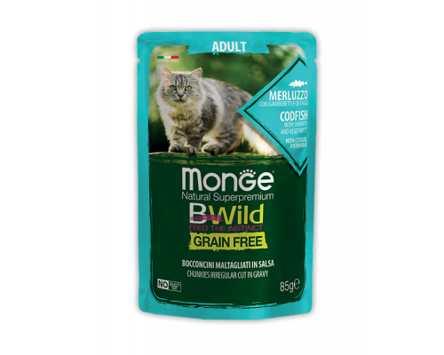 MONGE CAT BWILD POUCH Adult Codfish/Shrimp/Vegetables 85gr